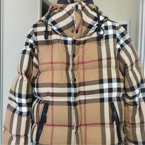 Burberry Checkered Puffer Jacket in Tan and Black